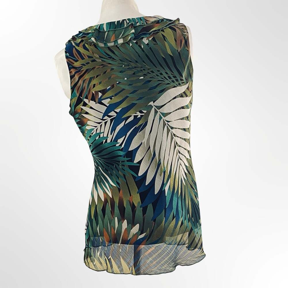 Spense Tropical Palm Leaf Ruffle Trim Sleeveless Top - Picture 3 of 5